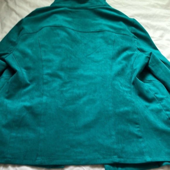 Chico’s:Tapestry Teal Faux Suede Jacket- Lace up sleeve- gold tone-8/10 (size 1) - Picture 10 of 14